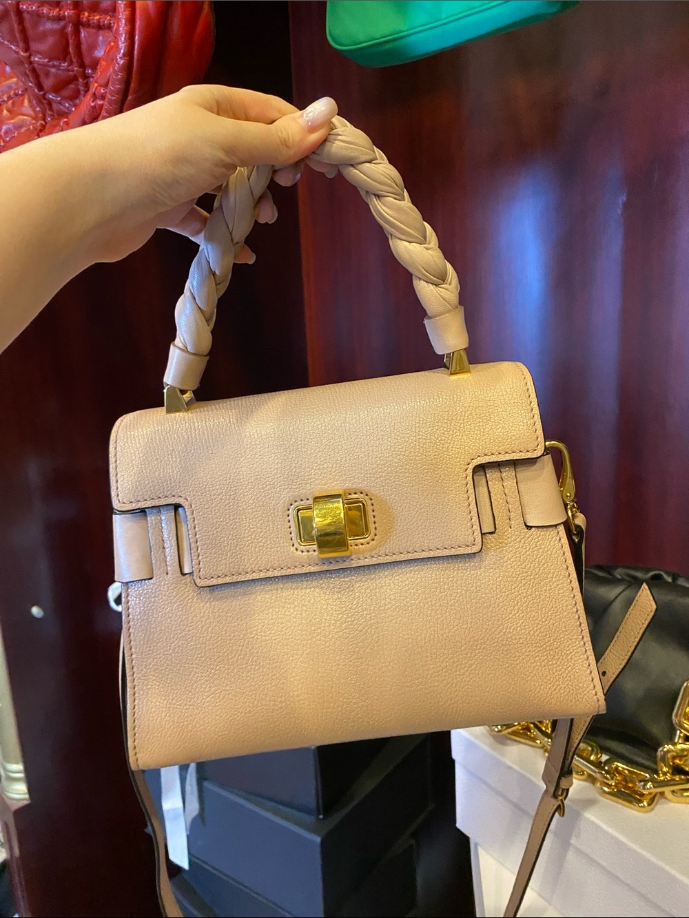 Braided-Handle Crossbody Bag in Nude Pink with Gold Hardware
